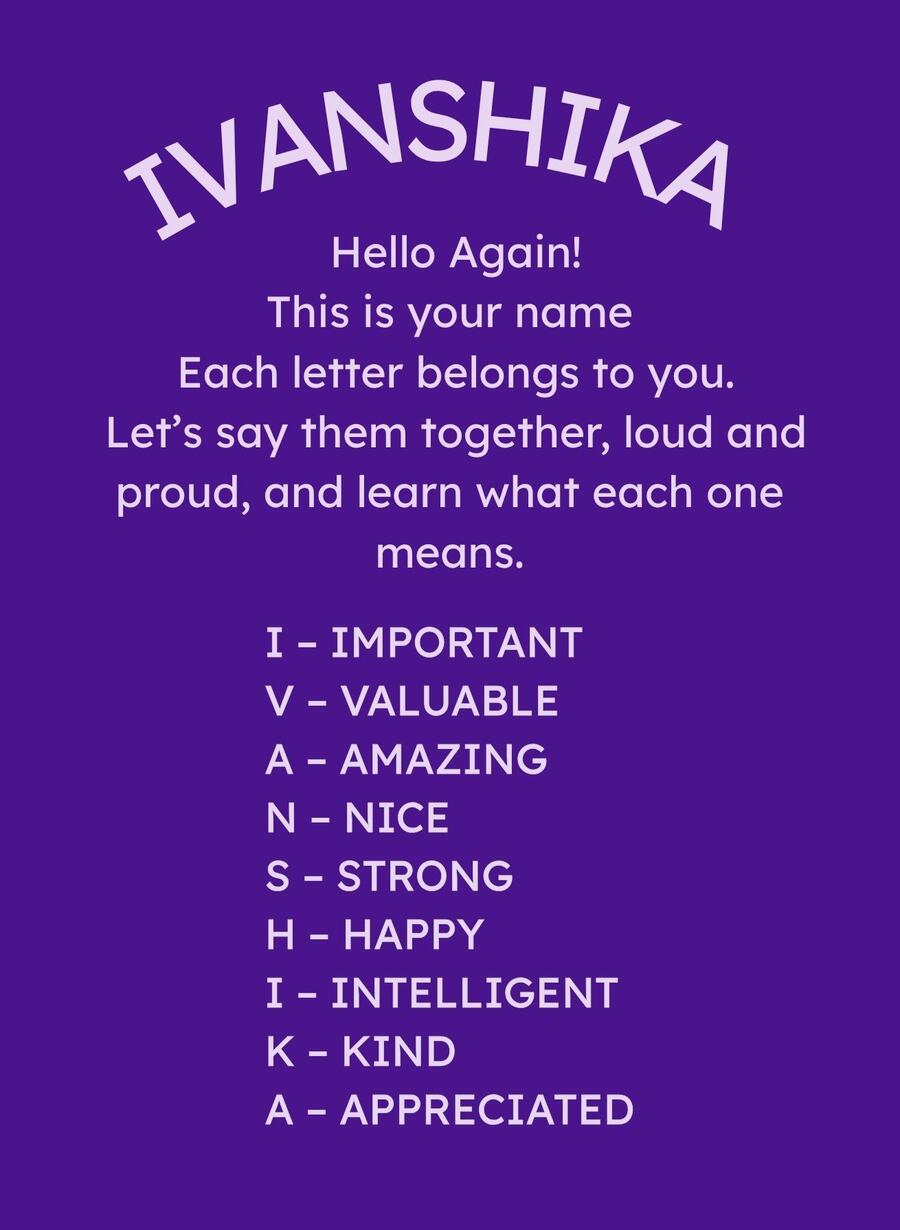 Ivanshika's acrostic page: I for Important, V for Valuable, A for Amazing, one line for each letter of her name